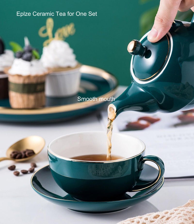 Eplze YBK Tech Ceramic Tea for One Set, 12oz Teapot and 8.2oz Cup with Saucer (Peacock Green) - Image 4